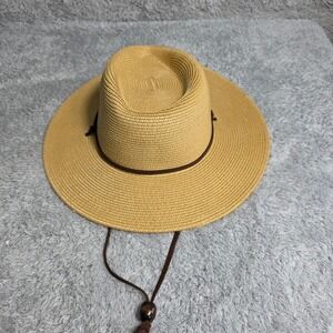 DRESHOW Wide Brim Straw Sun Hat Khaki UPF 50+ Adjustable Chin Strap Womens M NEW